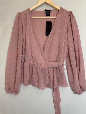 Liv Los Angeles Womens Blouse Size S Swiss Dot Pink Ruffle Hem Tie Knot Wrap Top